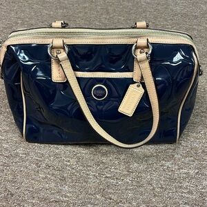 Coach Purse Embossed Glossy Navy and Tan Handbag Read Description